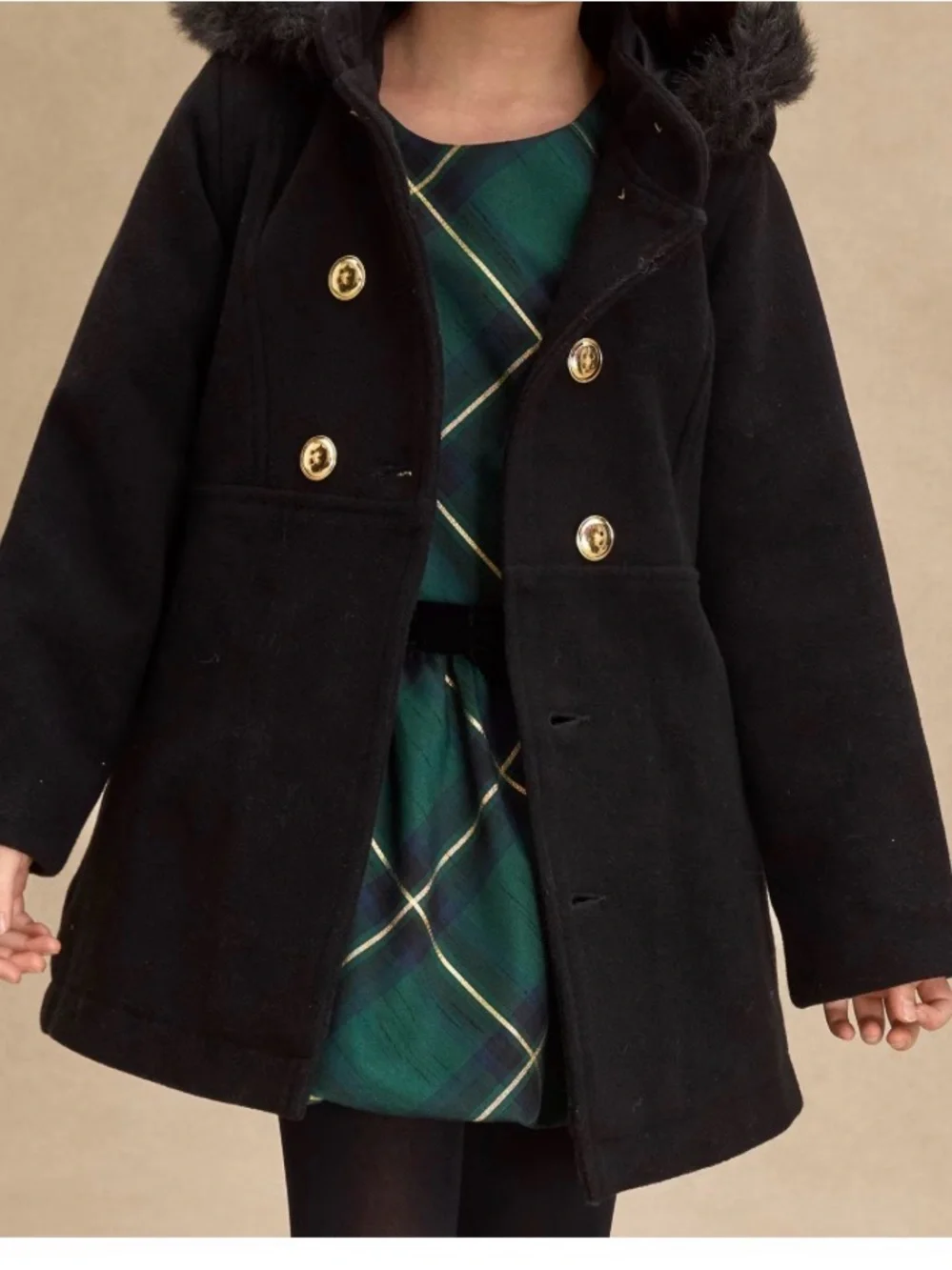 Gymboree Black Double-Breasted Hooded Pea Coat with Faux Fur Trim